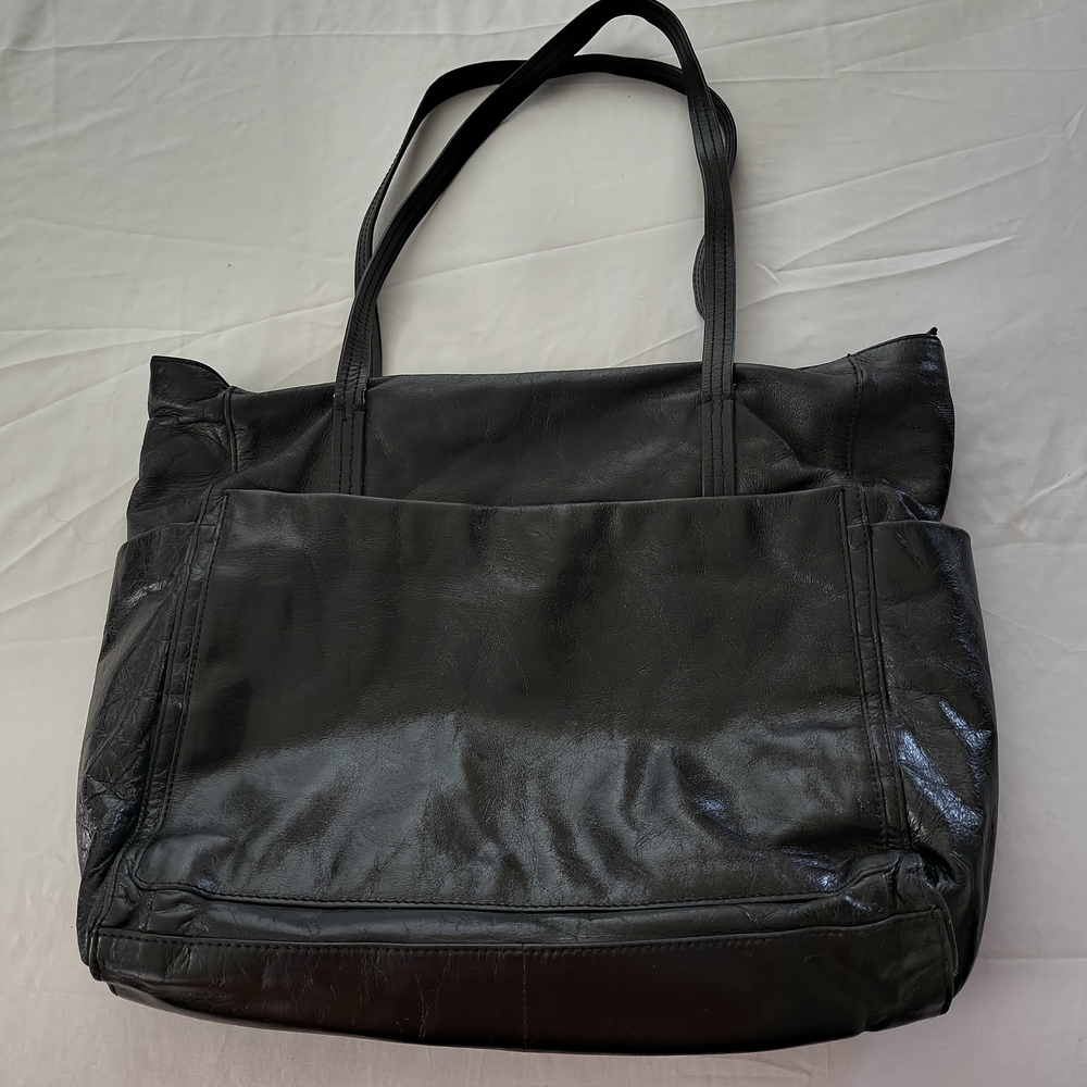HOBO Black Leather Bag Large Purse Tote Patterned Fabric Lined Organizer Pockets